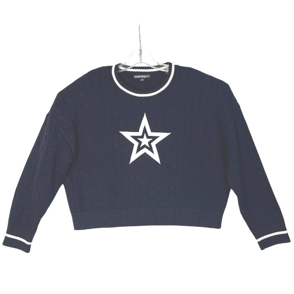 Harper & Ivy Cable Knit Sweater Women‎ Navy Star Cropped Preppy Nautical JR L